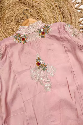 pink silk blend  readymade shrug suit with beads & embroidery work