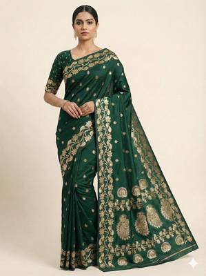 Green soft banarasi silk saree with zari weaving  design with running blouse 1