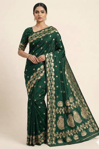 green soft silk blend saree with zari weaving design with running blouse