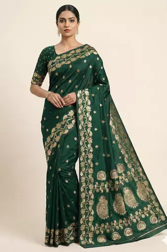 Green soft banarasi silk saree with zari weaving  design with running blouse