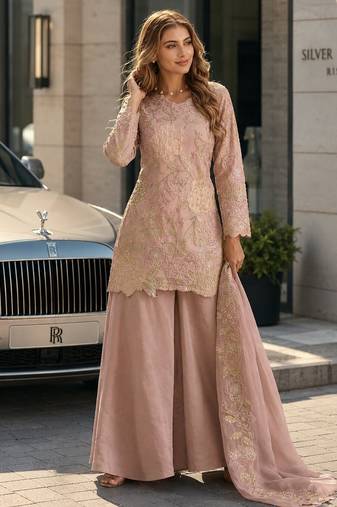 purple silk blend  free size stitched suit with beads & embroidery work