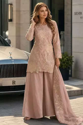 purple silk blend  free size stitched suit with beads & embroidery work