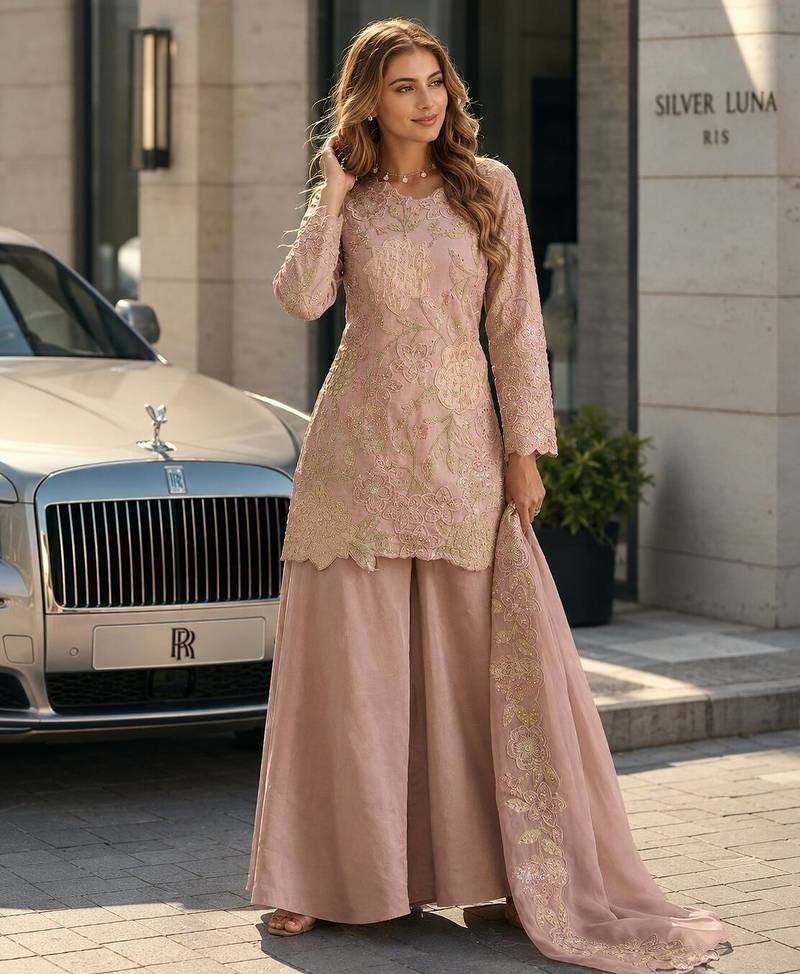 purple silk blend  free size stitched suit with beads & embroidery work