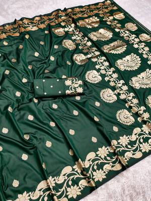 Green soft banarasi silk saree with zari weaving  design with running blouse 2