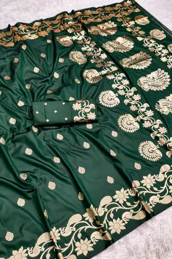 Green soft banarasi silk saree with zari weaving  design with running blouse
