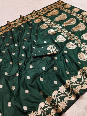 Green soft banarasi silk saree with zari weaving  design with running blouse 3