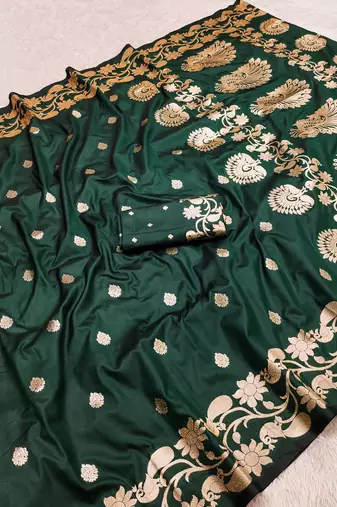 Green soft banarasi silk saree with zari weaving  design with running blouse