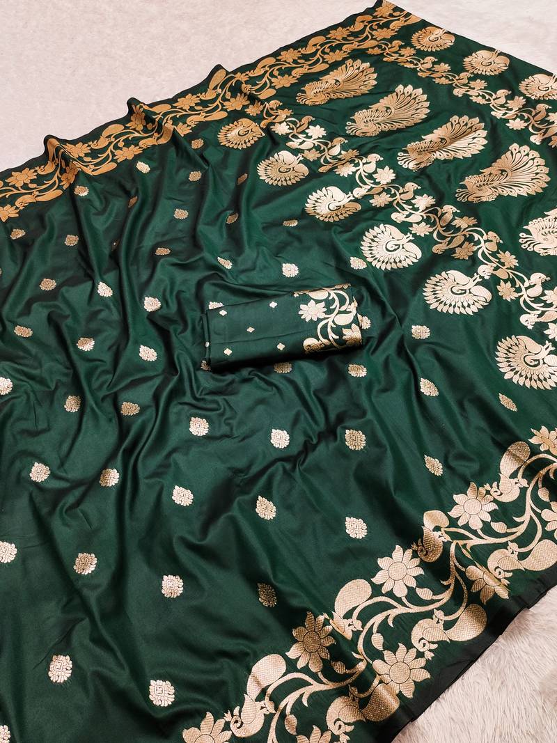 Green soft banarasi silk saree with zari weaving  design with running blouse