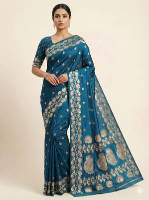 Blue  soft banarasi silk saree with zari weaving  design with running blouse 1