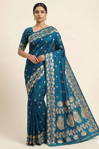 blue soft silk blend saree with zari weaving design with running blouse
