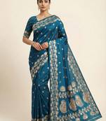 Blue  soft banarasi silk saree with zari weaving  design with running blouse