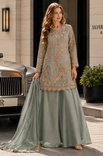 blue silk blend  free size stitched suit with beads & embroidery work