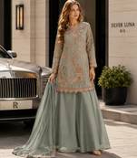 blue silk blend  free size stitched suit with beads & embroidery work