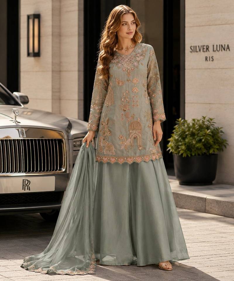 blue silk blend  free size stitched suit with beads & embroidery work