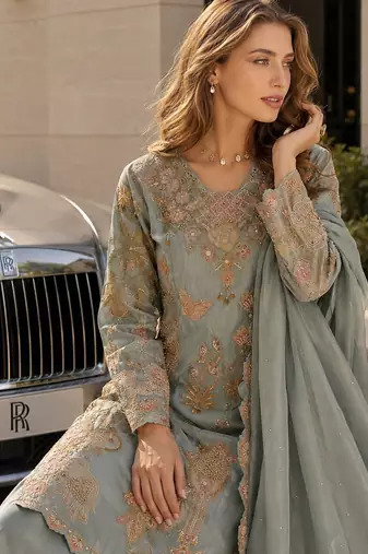blue silk blend  free size stitched suit with beads & embroidery work