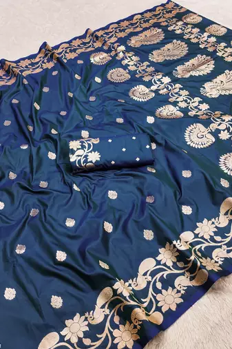Blue  soft banarasi silk saree with zari weaving  design with running blouse