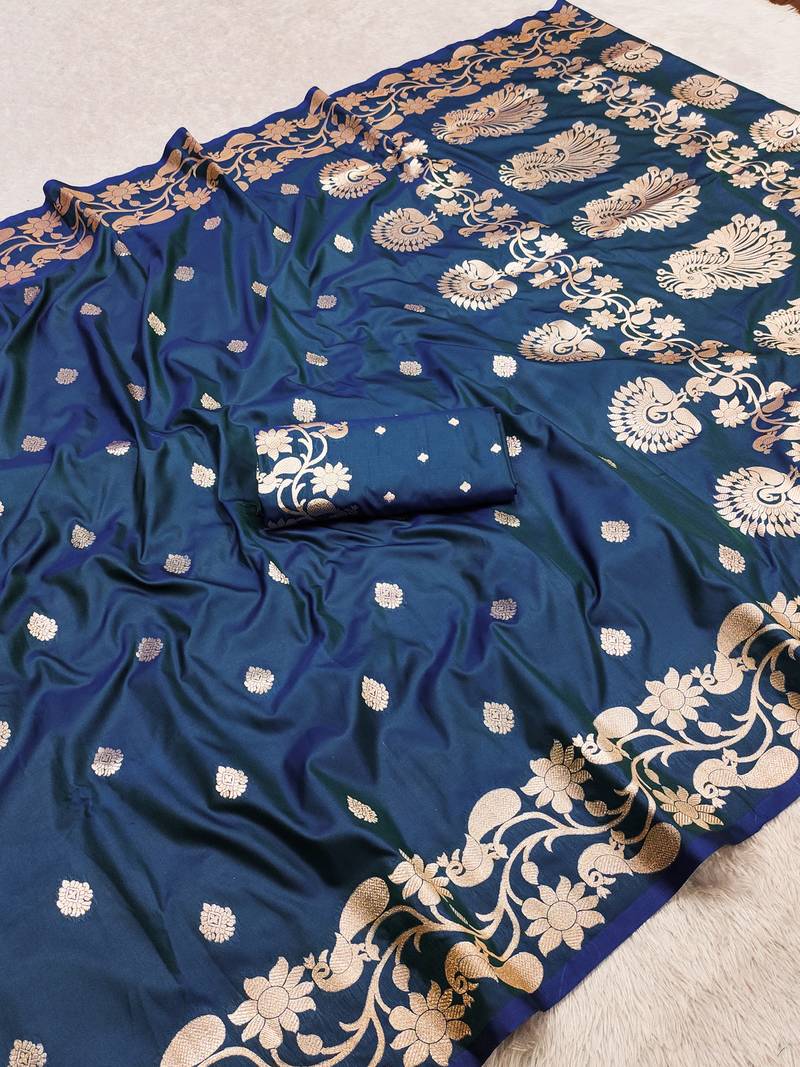 Blue  soft banarasi silk saree with zari weaving  design with running blouse