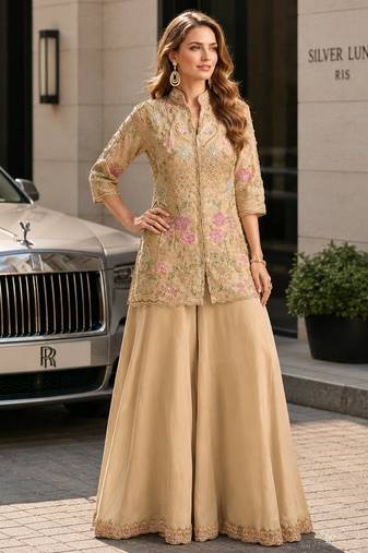 cream silk blend  free size stitched suit with beads & embroidery work