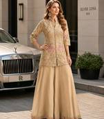 cream silk blend  free size stitched suit with beads & embroidery work