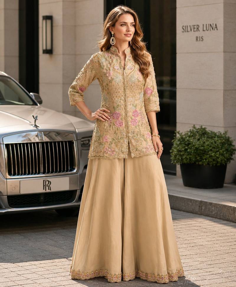 cream silk blend  free size stitched suit with beads & embroidery work