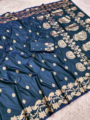 Blue  soft banarasi silk saree with zari weaving  design with running blouse 3