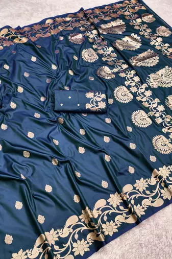 Blue  soft banarasi silk saree with zari weaving  design with running blouse