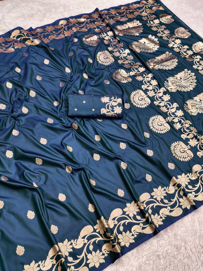Blue  soft banarasi silk saree with zari weaving  design with running blouse