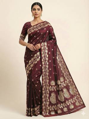 Coffee soft banarasi silk saree with zari weaving  design with running blouse 1
