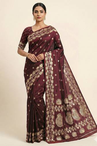 coffee soft silk blend saree with zari weaving design with running blouse