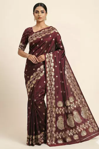 Coffee soft banarasi silk saree with zari weaving  design with running blouse