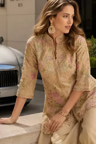cream silk blend  free size stitched suit with beads & embroidery work