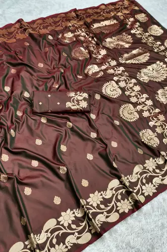 Coffee soft banarasi silk saree with zari weaving  design with running blouse