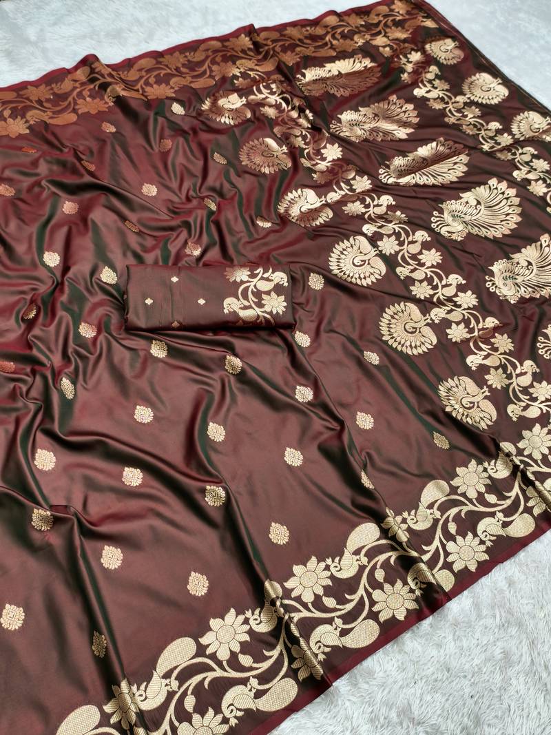 Coffee soft banarasi silk saree with zari weaving  design with running blouse