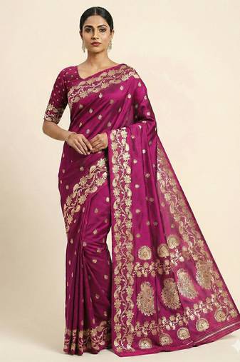 pink soft silk blend saree with zari weaving design with running blouse
