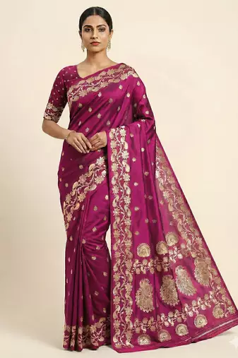 Pink  soft banarasi silk saree with zari weaving  design with running blouse