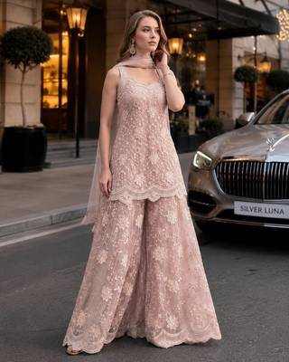 peach net free size stitched suit with beads & embroidery work 1
