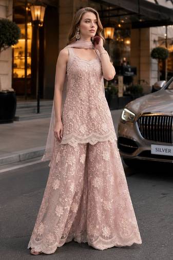 peach net free size stitched suit with beads & embroidery work