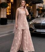 peach net free size stitched suit with beads & embroidery work