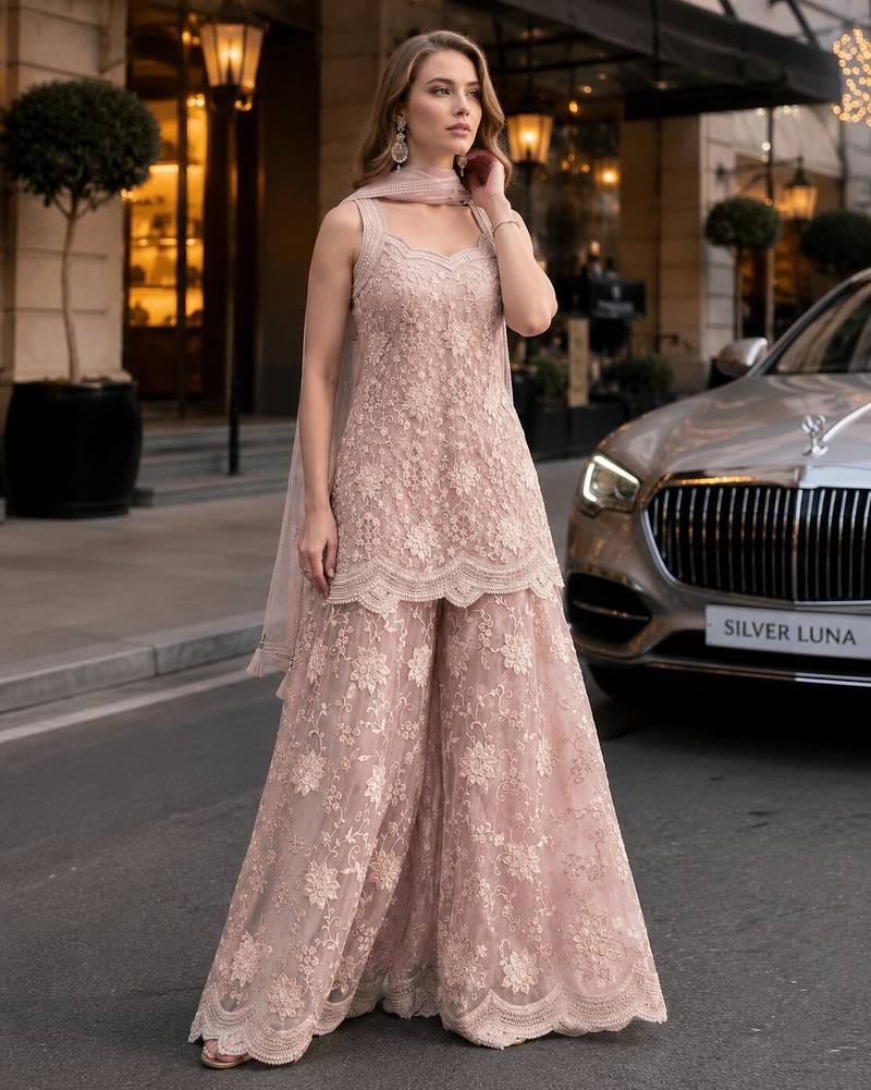 peach net free size stitched suit with beads & embroidery work