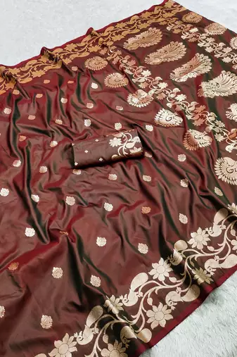 Coffee soft banarasi silk saree with zari weaving  design with running blouse