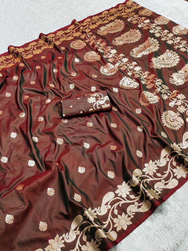 Coffee soft banarasi silk saree with zari weaving  design with running blouse