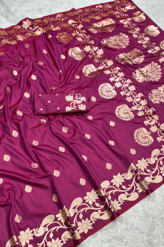 Pink  soft banarasi silk saree with zari weaving  design with running blouse
