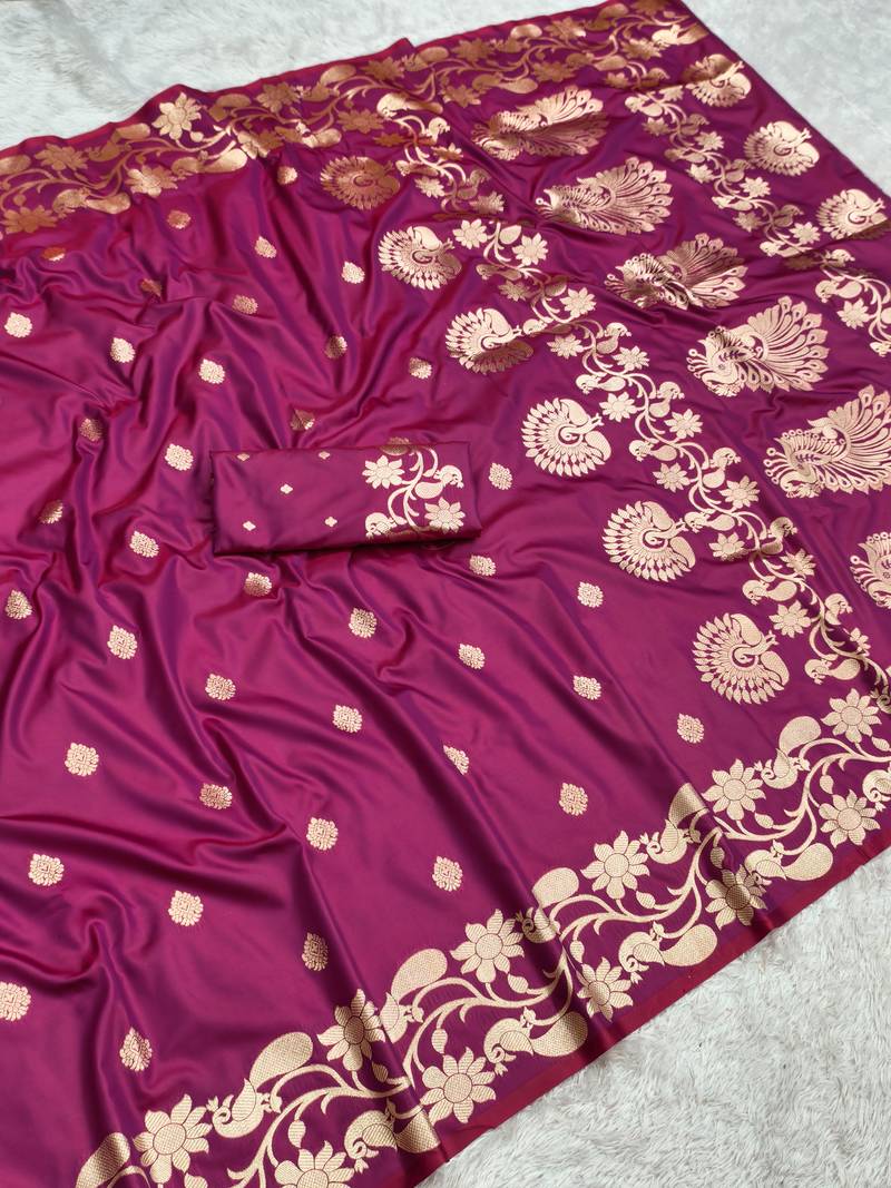 Pink  soft banarasi silk saree with zari weaving  design with running blouse