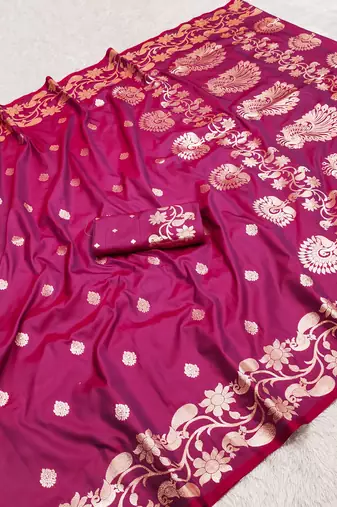 Pink  soft banarasi silk saree with zari weaving  design with running blouse