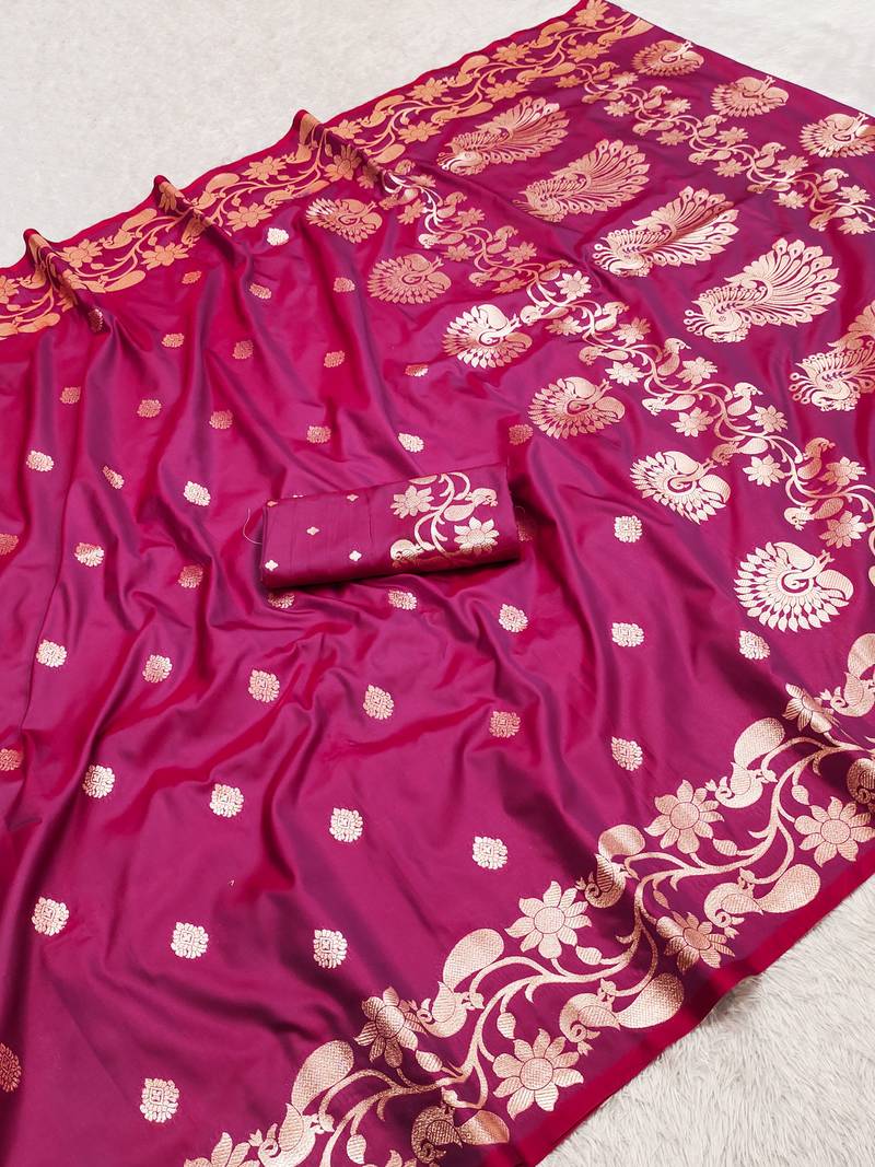 Pink  soft banarasi silk saree with zari weaving  design with running blouse