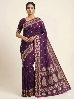 Wine  soft banarasi silk saree with zari weaving  design with running blouse 1