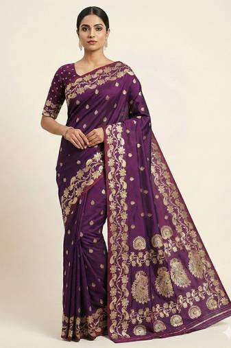 wine soft silk blend saree with zari weaving design with running blouse