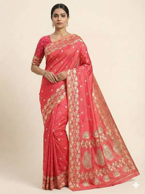 Peach  soft banarasi silk saree with zari weaving  design with running blouse 1