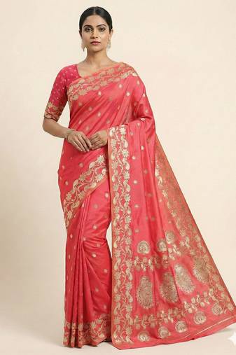 peach soft silk blend saree with zari weaving design with running blouse