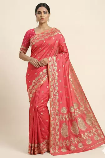 Peach  soft banarasi silk saree with zari weaving  design with running blouse